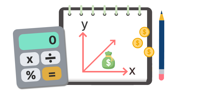 Ilustração decorativa com uma calculadora, um bloco de notas com um pequeno gráfico ascendente desenhado e moedas ao lado, representando o cálculo de aplicações financeiras.