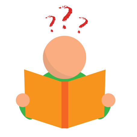 Ilustração de uma pessoa lendo um livro com pontos de interrogação, representando a leitura de uma medida no sistema métrico decimal