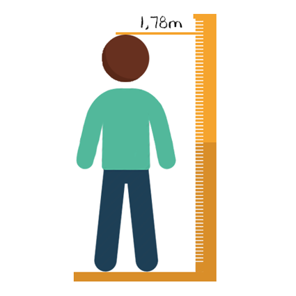 Ilustração de uma pessoa sendo medida por uma régua vertical, mostrando altura de 1,78 metro, representando o metro como unidade fundamental do sistema métrico decimal