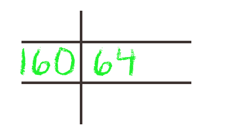 Esquema do algoritmo de Euclides com o número 160 à esquerda e 64 à direita, separados por um traço vertical, prontos para o início da divisão