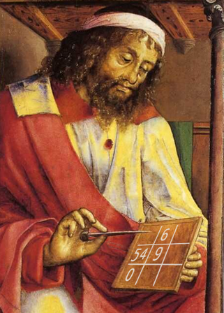 Pintura renascentista de Euclides segurando uma tábua de contagem com os números 6, 5, 4, 9 e 0, representando o algoritmo que leva seu nome