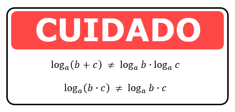 Quadro de atenção: log de a de b mais c é diferente de log de a de b vezes log de a de c; log de a de b vezes c é diferente de log de a de b vezes c