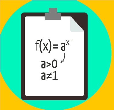 Ilustração de uma prancheta com a definição da função exponencial: f(x) = ax, a > 0 e a diferente de 1