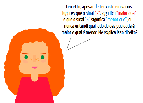 Ilustração de uma estudante perguntando como saber qual lado do sinal de desigualdade representa o maior e qual representa o menor valor