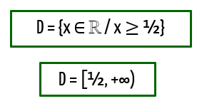 Domínio da função do sétimo exemplo igual a D = [1/2, mais infinito)