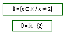 Domínio da função f(x) = 1/(x-2) em notação de conjunto e D = R - {2}
