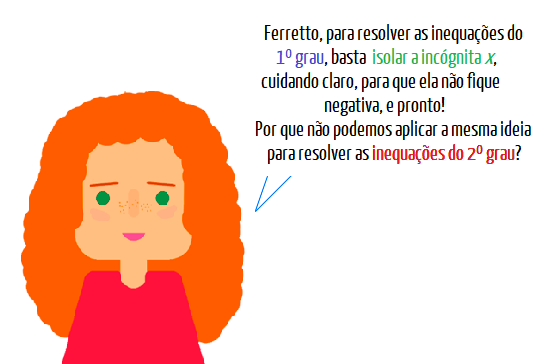 Ilustração de uma aluna perguntando ao Professor Ferretto por que não é possível isolar o x nas inequações do 2º grau, como se faz no 1º grau