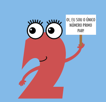 Personagem em formato do número 2, sorridente, segurando uma placa com a frase "Oi, eu sou o único número primo par!"