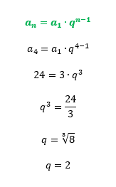 Aplicação da fórmula do termo geral da PG para encontrar a razão q = 2 a partir de a4 = 24 e a1 = 3