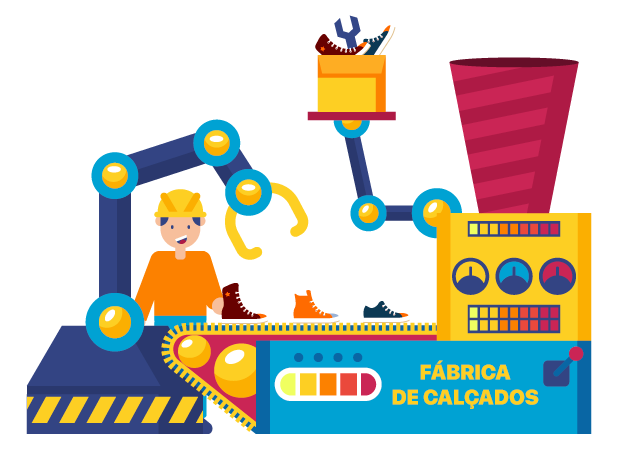 Ilustração de uma linha de produção industrial em uma fábrica de calçados, com esteira, operário e painel de controle
