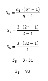 Substituição de a1=3, q=2 e n=5 na fórmula da soma, resultando em S5 = 93