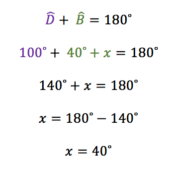 Cálculo em que os ângulos D e B são suplementares somam 180 graus