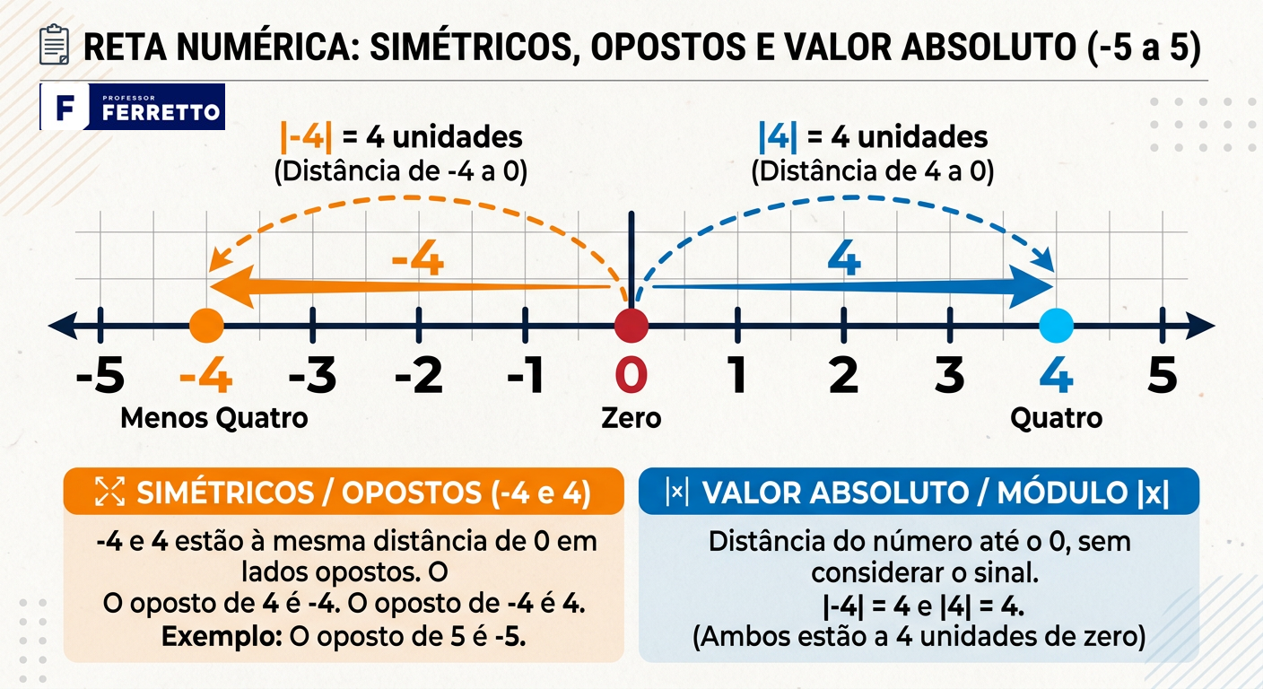 Imagem com uma reta numérica de -5 a 5 explicando o que são números simétricos, opostos e o valor absoluto de um número.