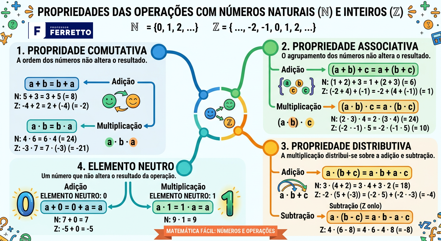 Mapa mental (infográfico) com as propriedades das operações com números naturais e inteiros, como propriedade comutativa, associativa, distributiva e elemento neutro. 