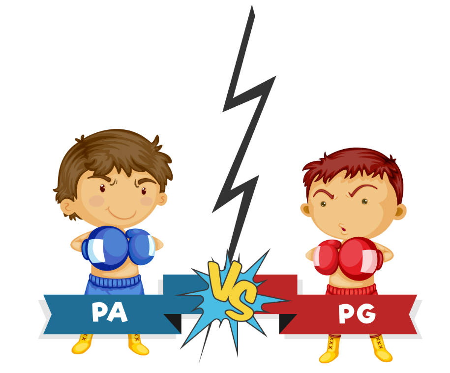 Personagens representando a PA e a PG em disputa, simbolizando a diferença entre as duas progressões