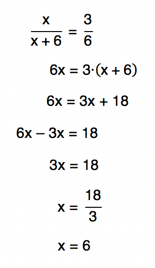 resolução da proporção x/x+6=3/6 que resulta em 6