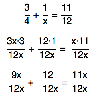 desenvolvendo a resolução de 3/4+1/x=11/12 chega-se a uma expressão com denominador 12x comum