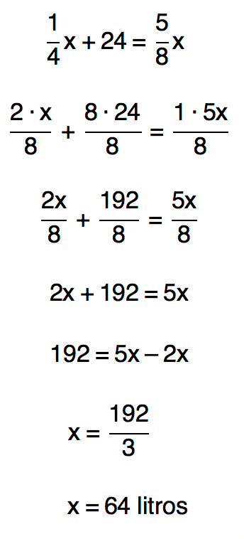 resolução da equação x/4+24=5x/8 resulta em 64