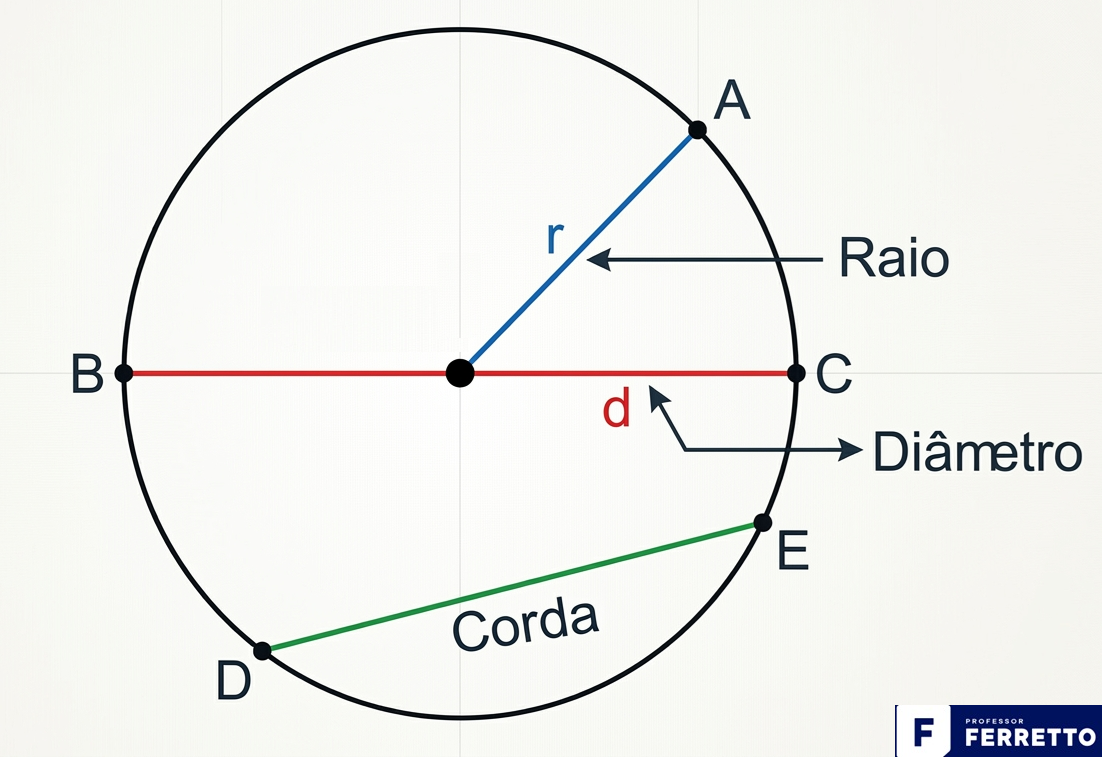 Elementos do círculo: raio, diâmetro, corda.