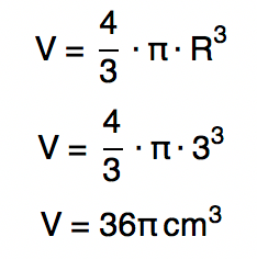 Cálculo do volume da esfera substituindo R = 3 na fórmula V = 4/3·π·R³, resultando em V = 36π cm³