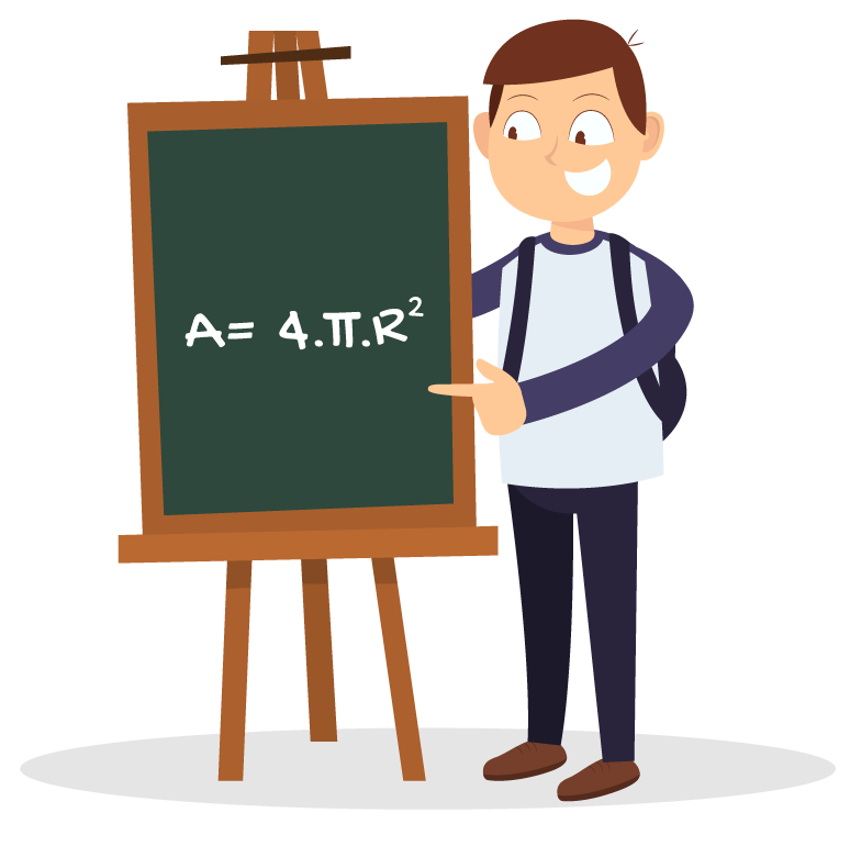 Fórmula da área da esfera (A = 4·π·R²) escrita no quadro por um aluno