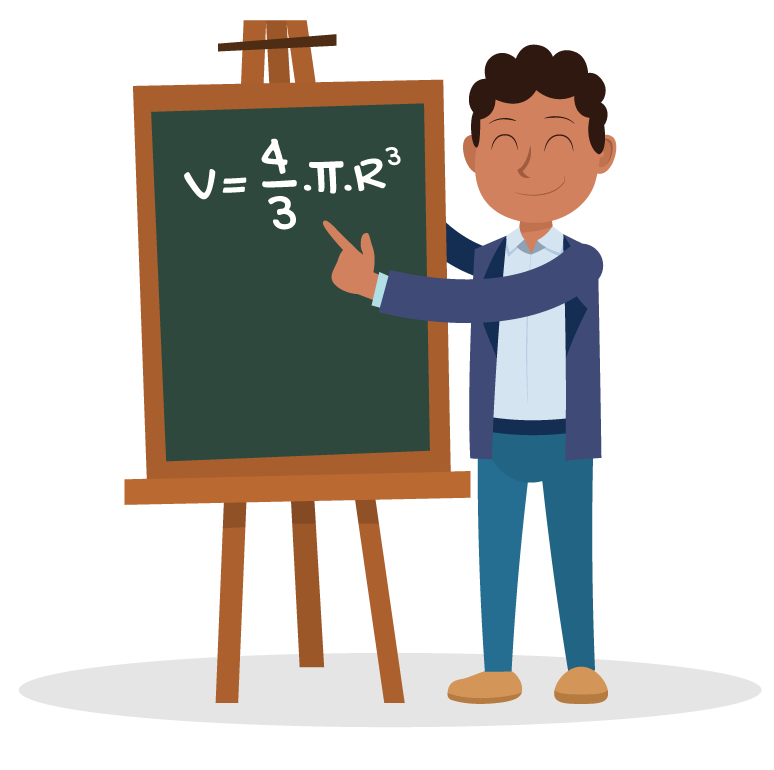 Fórmula do volume da esfera (V = 4/3·π·R³) escrita no quadro por um aluno