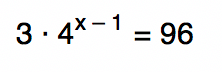 equação do exemplo 3: 3 vezes 4 elevado a x menos 1 é igual a 96
