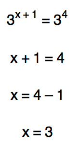 3^(x+1) = 3ˆ4 resulta em x = 3