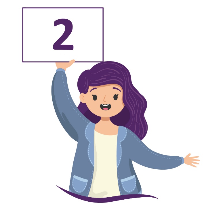 aluna de cabelo roxo mostra o número 2 em uma placa