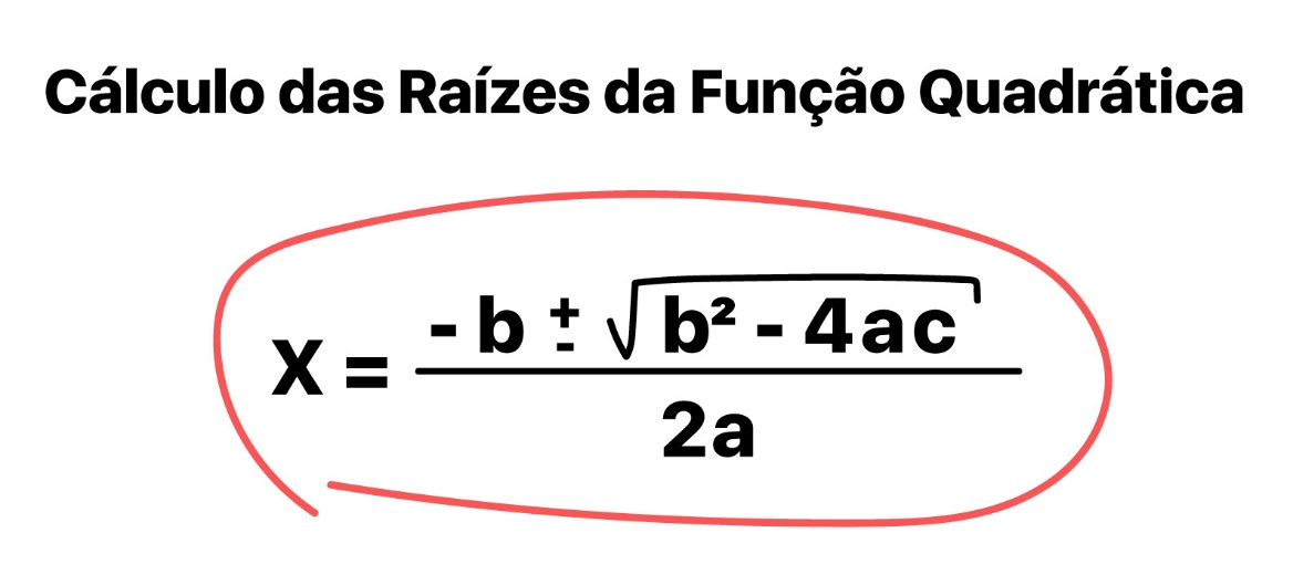 Fórmula de Bhaskara usada para calcular as raízes da função quadrática: x = (-b ± raiz de Δ) / 2a