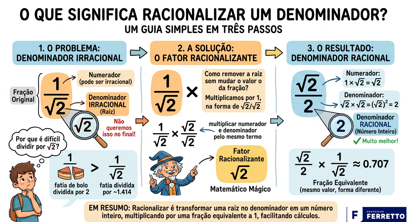 Ilustração didática explicando, em três passos simples, o que significa racionalizar um denominador.