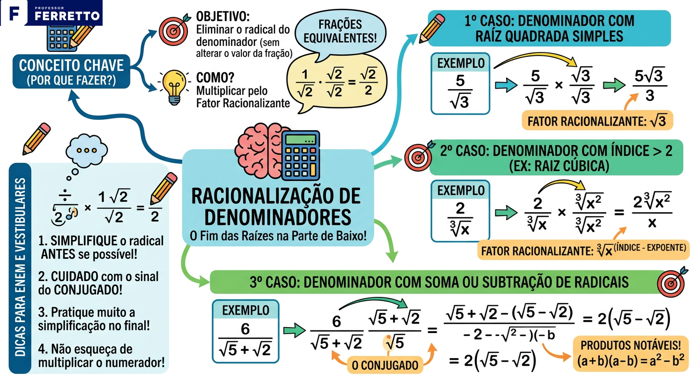 Mapa mental (infográfico) apresentando o objetivo da racionalização, o passo a passo de como fazê-la e dicas para Enem e vestibulares.