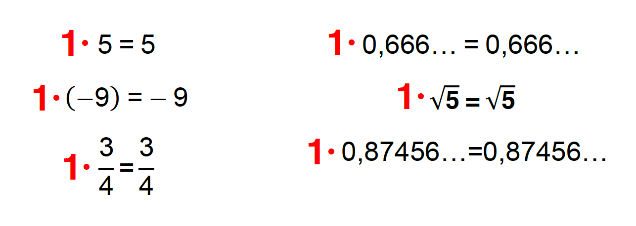 número 1 multiplica 5, -9, 3/4, 0,666..., √5 e 0,87456... e o resultado é sempre igual a esses números
