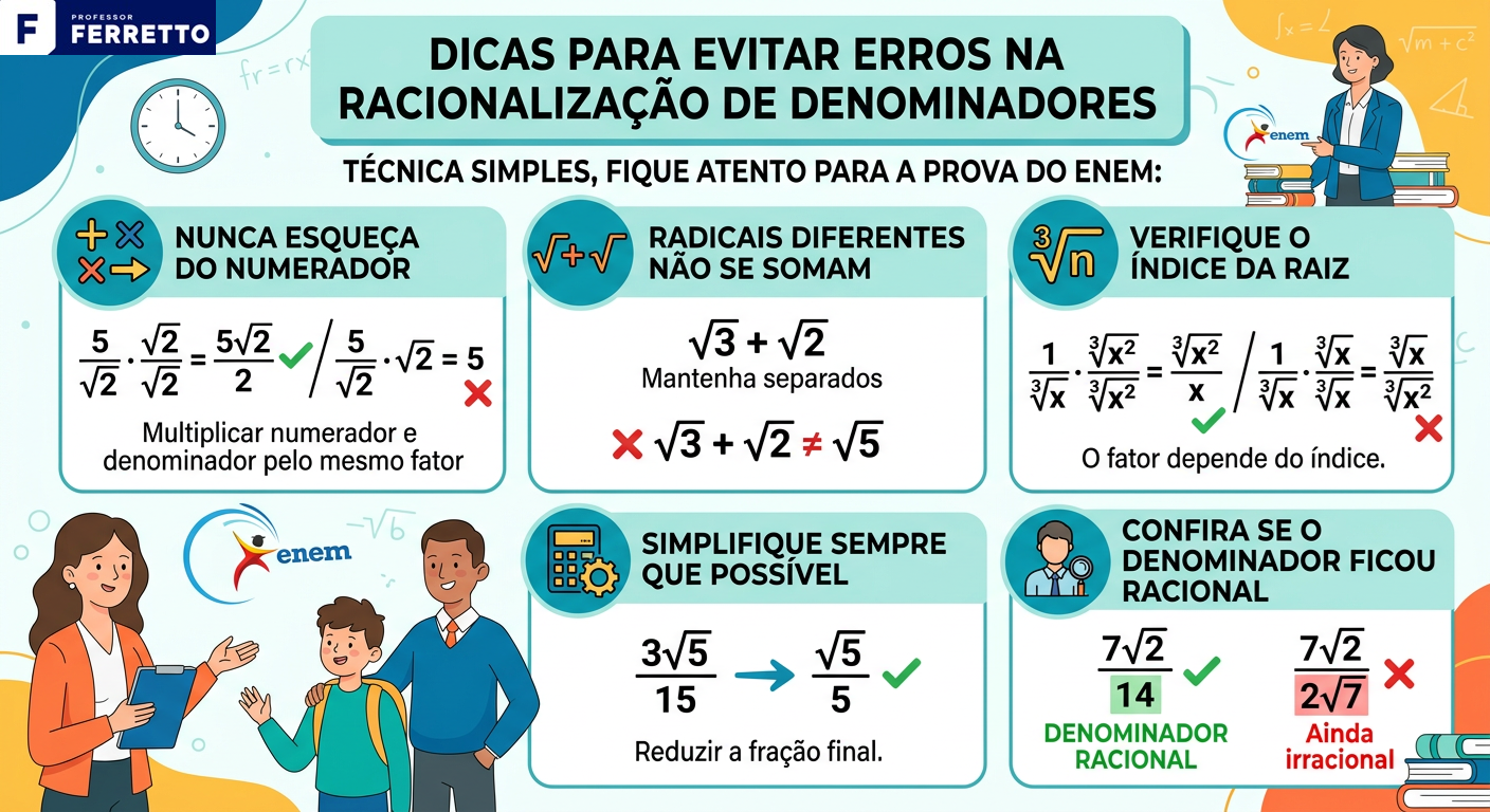 Quadro didático com dicas para evitar erros na racionalização de denominadores.