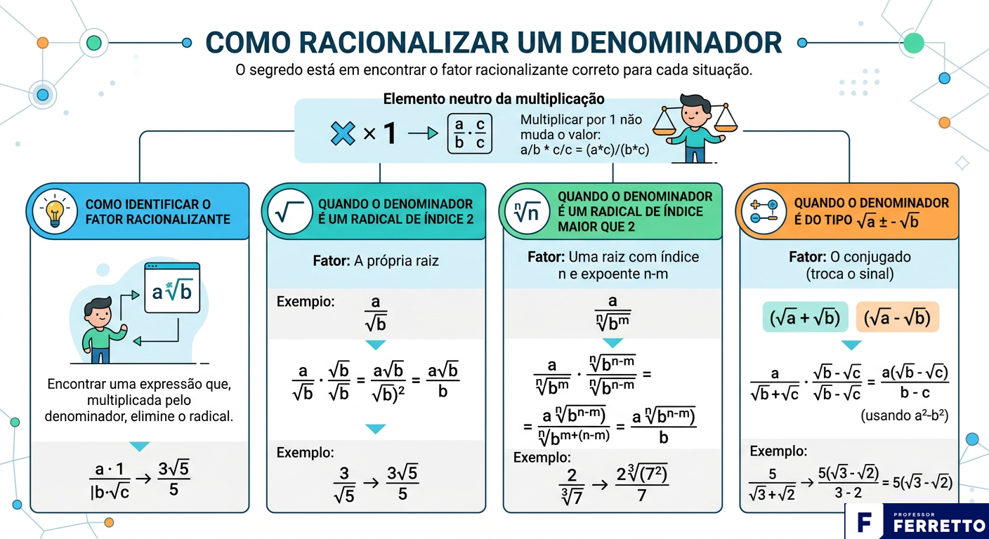 Quadro didático demostrando como racionalizar denominadores expressos em diferentes formas de números irracionais.