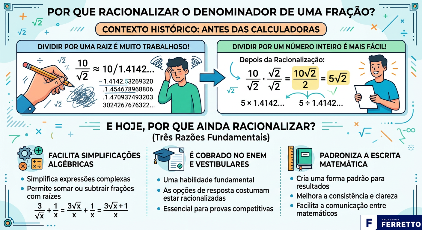 Quadro didático explicando o porquê da utilidade de racionalizar denominadores.