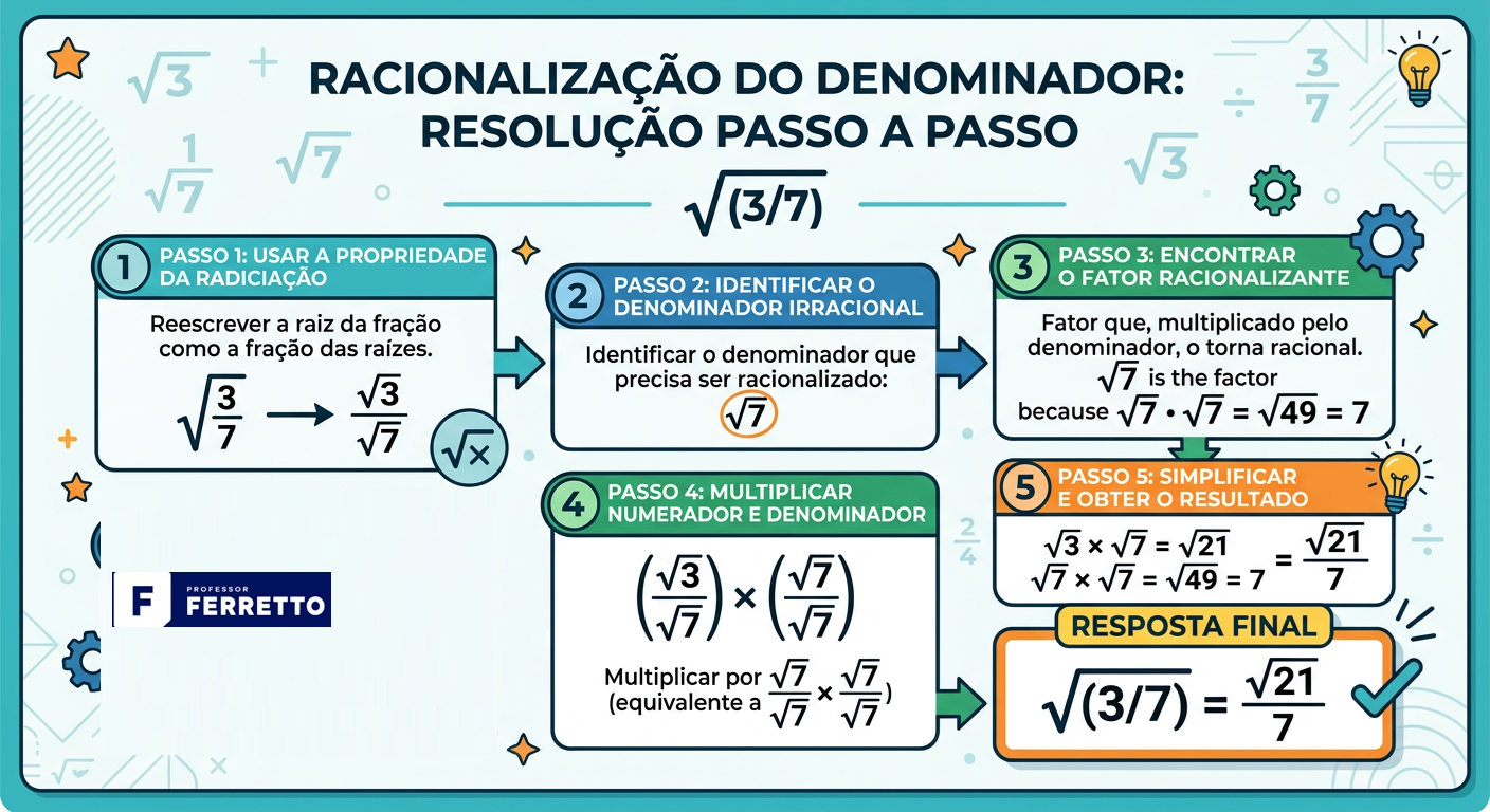 Quadro ilustra a racionalização do denominador de √(3/7) passo a passo.