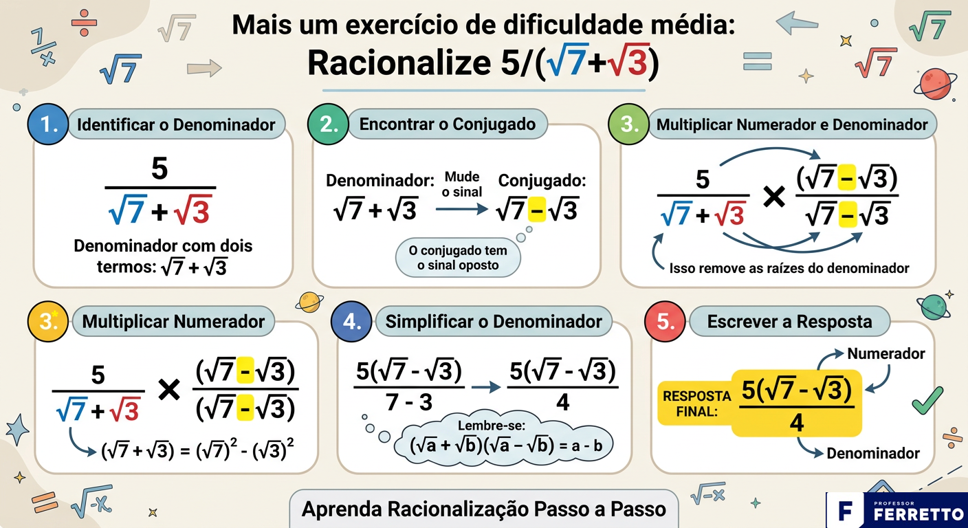Quadro ilustrando a resolução da racionalização de 5/(√7+√3) passo a passo.