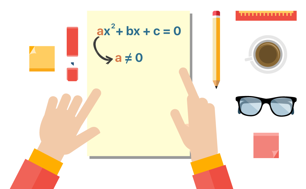 equação ax^2 + bx + c = 0 disposta em uma folha com elementos como lápis óculos e blocos de estudo ao redor