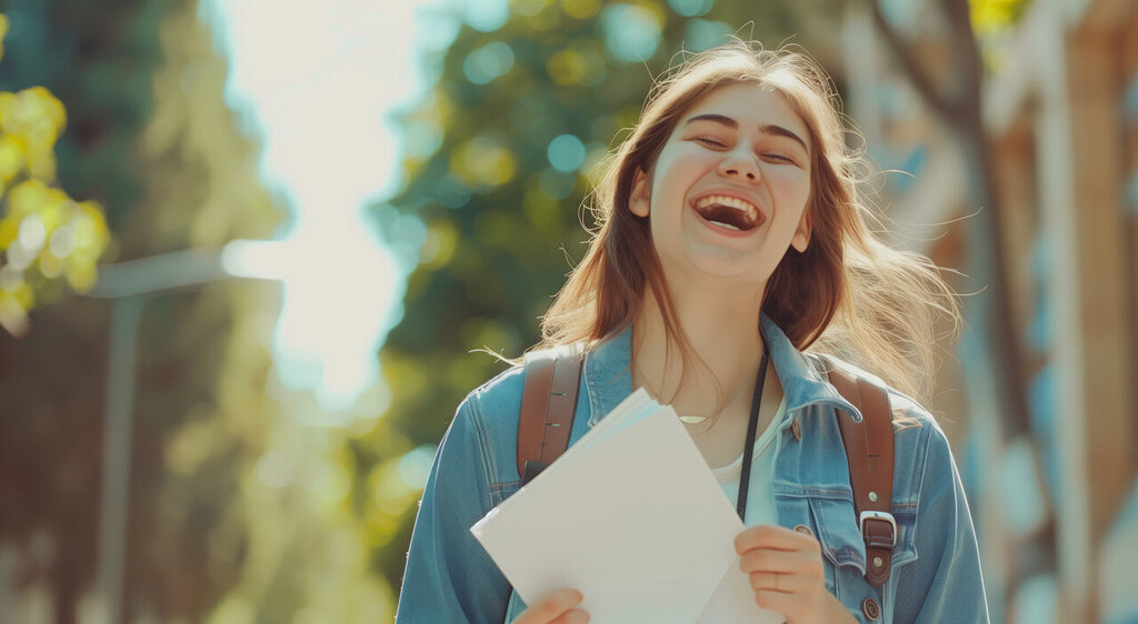 aluna sorridente depois de fazer a inscrição no Prouni