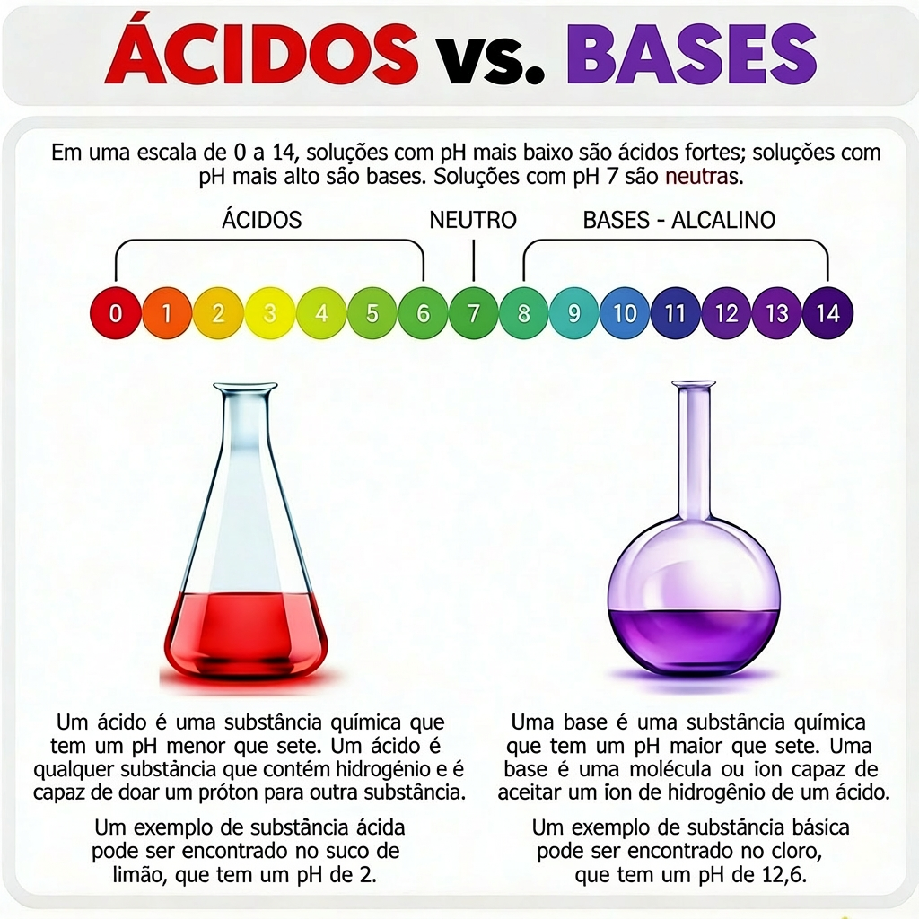 Quadro ilustrativo da escala dos ácidos e das bases. O pH baixo indica ácidos fortes, já o pH alto, bases fortes.