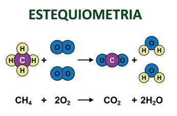 Reação metano e oxigênio produz CO2 e água. Estequiometria balanceamento equações reagentes e produtos.
