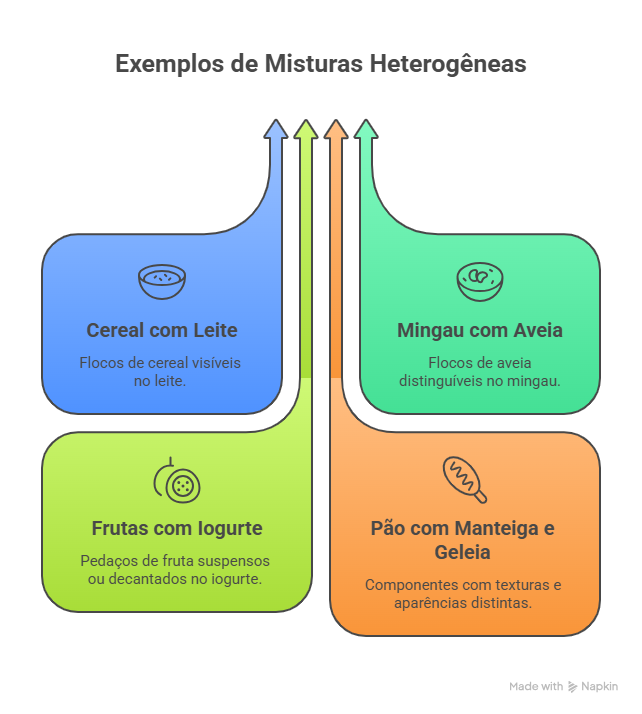 infográfico de exemplos de alimentos que são misturas heterogêneas