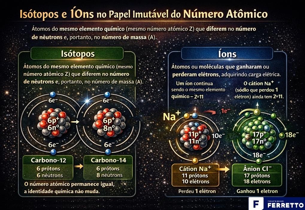 Quadro ilustrativo que diferencia isótopos (elementos com diferentes números de prótons e nêutrons) de íons, que podem ter um elétron a mais ou a menos.