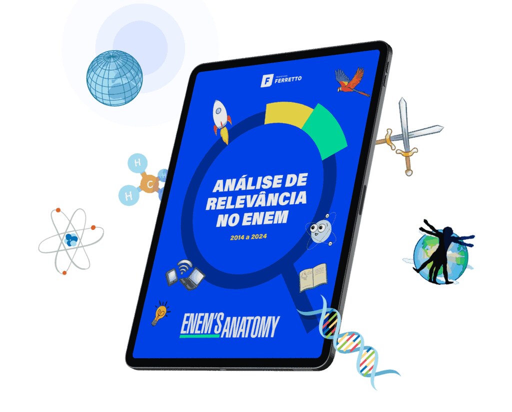 Tablet com capa “Análise de Relevância no ENEM” cercado por ícones científicos, indiretamente relacionados aos assuntos de Matemática que mais caem no ENEM.