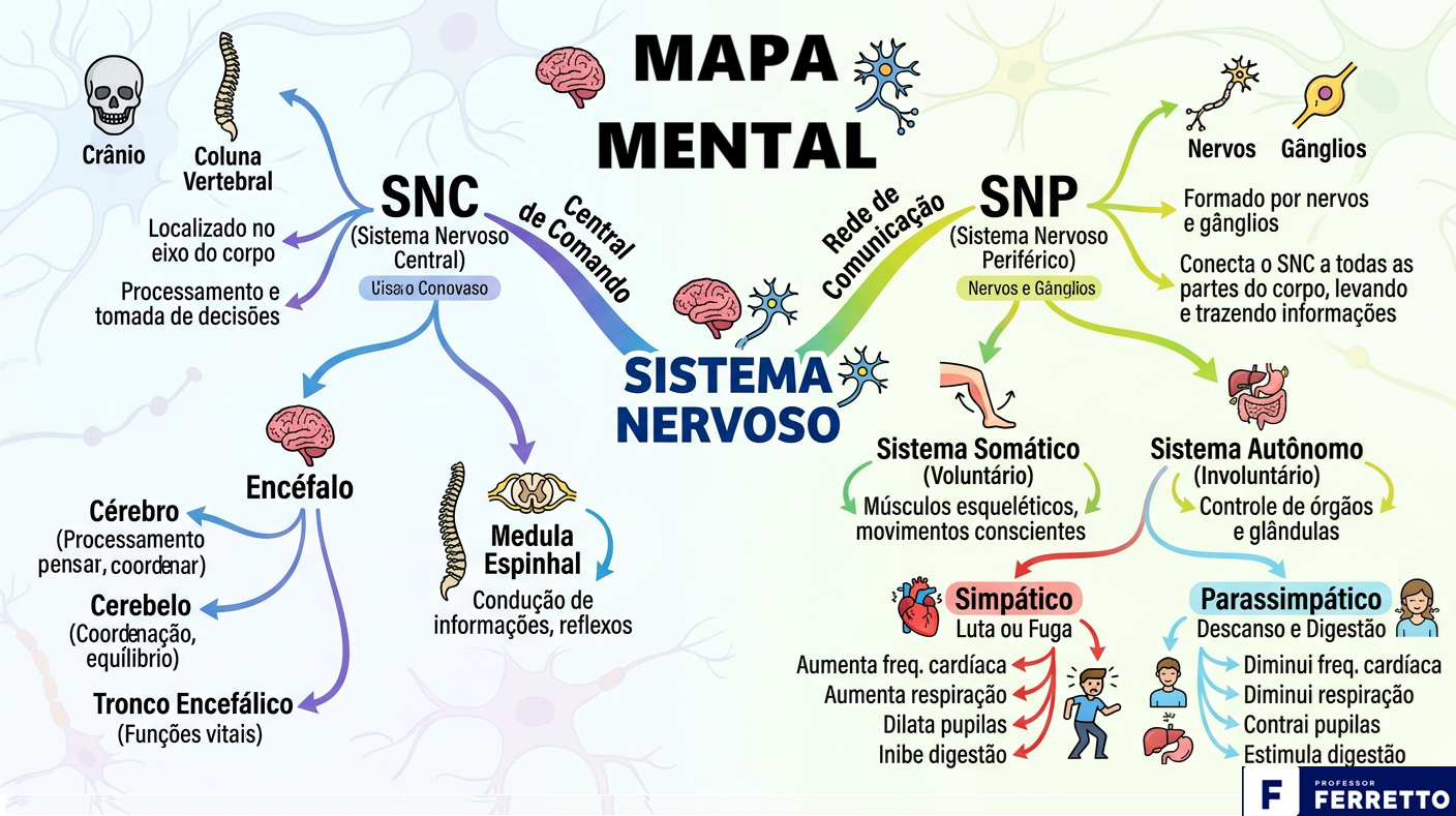 Exemplo de mapa mental sobre Sistema Nervoso para Enem e Vestibulares.