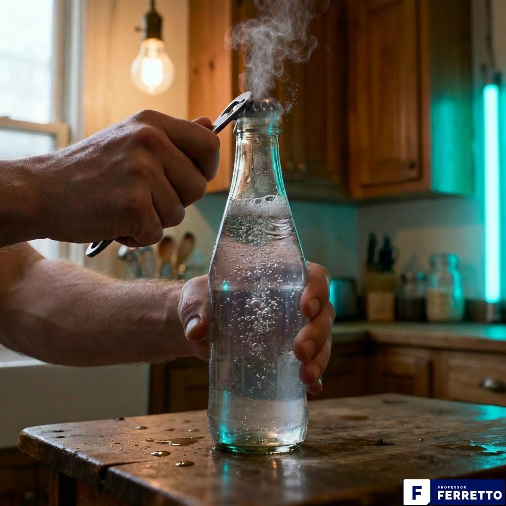 Garrafa com água gaseificada sendo aberta, perturbando o equilíbrio químico com a liberação do gás.
