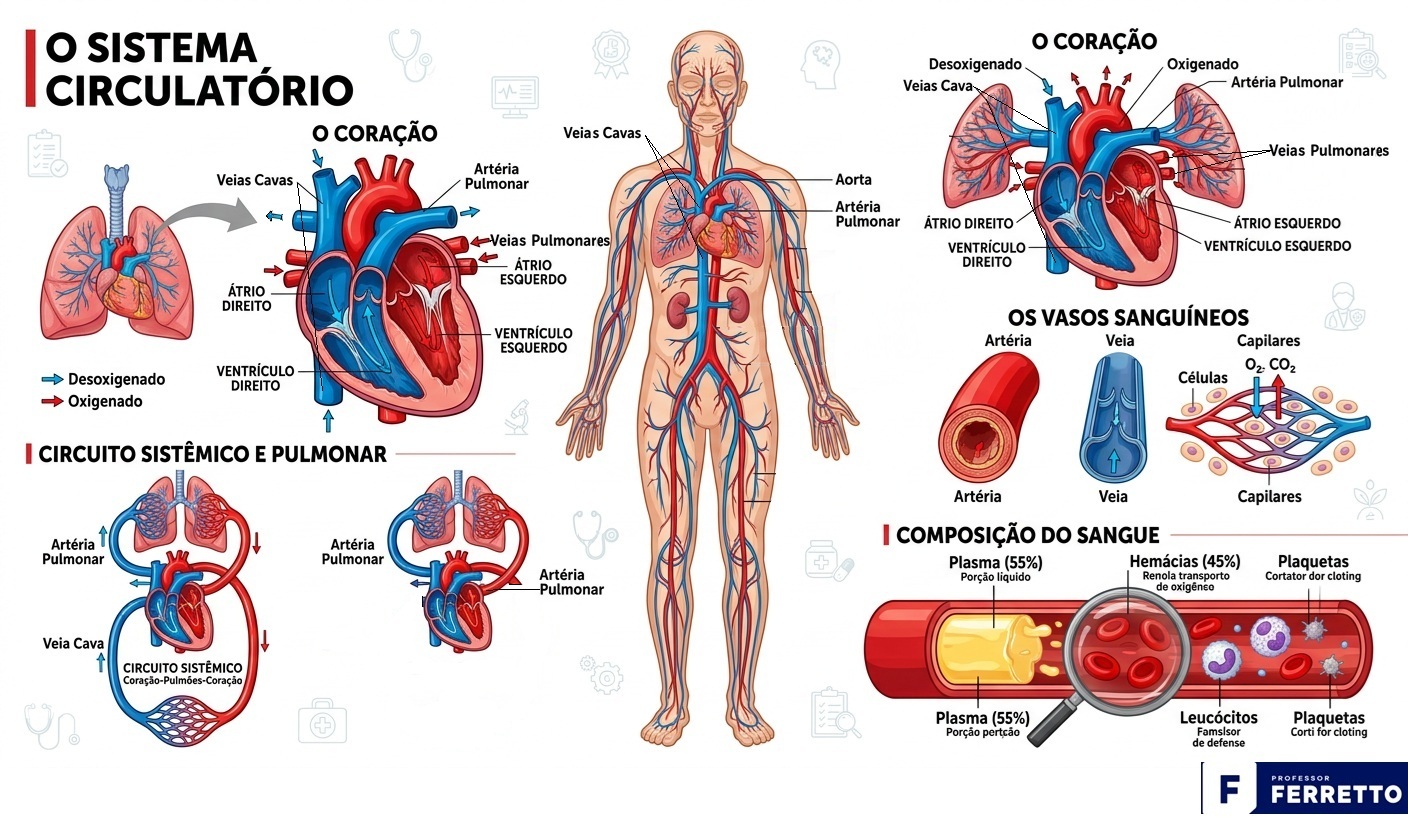 Ilustração da estrutura do sistema circulatório, coração, sangue e vasos sanguíneos.