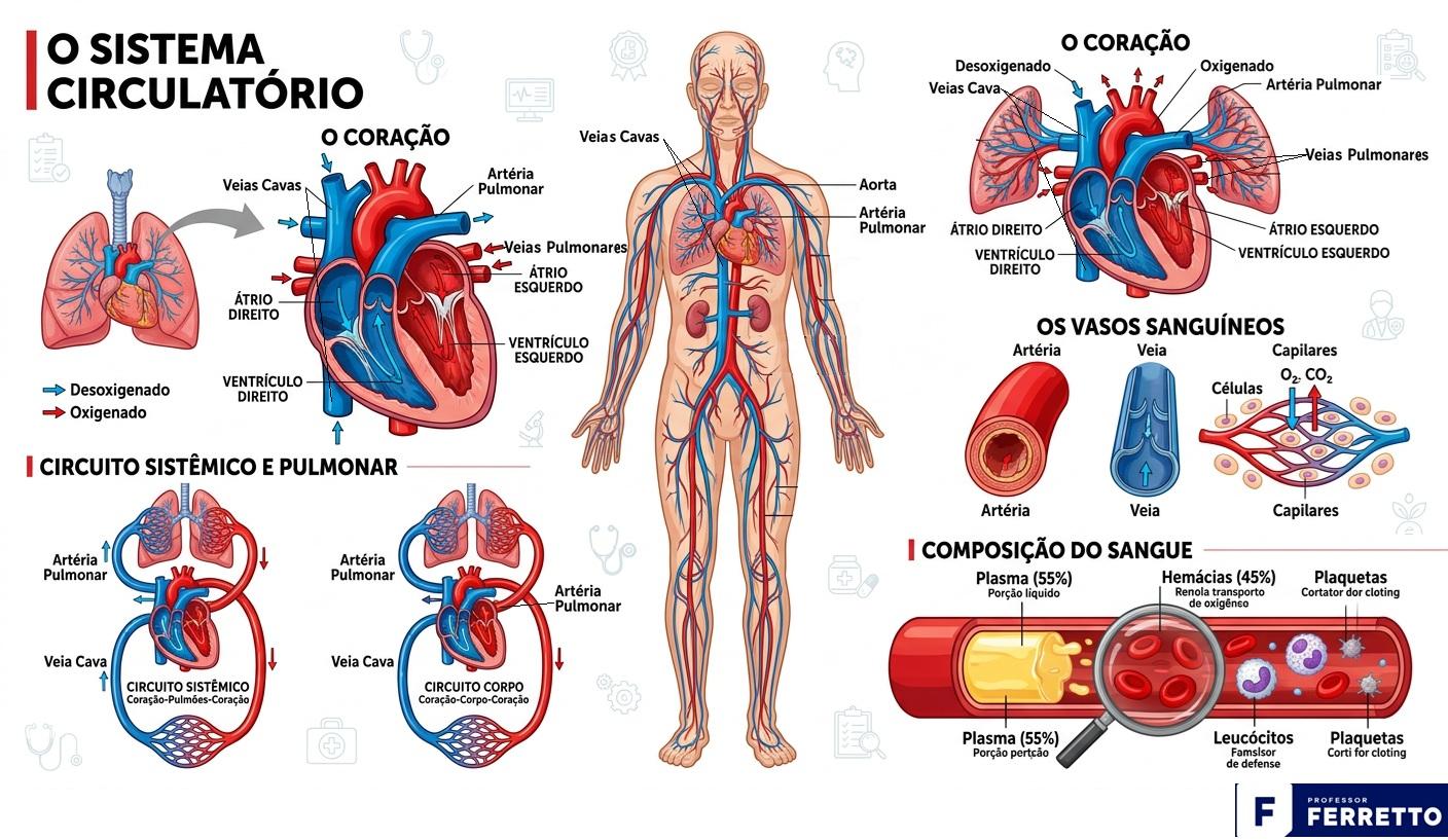 Ilustração da estrutura do sistema circulatório, coração, sangue e vasos sanguíneos.