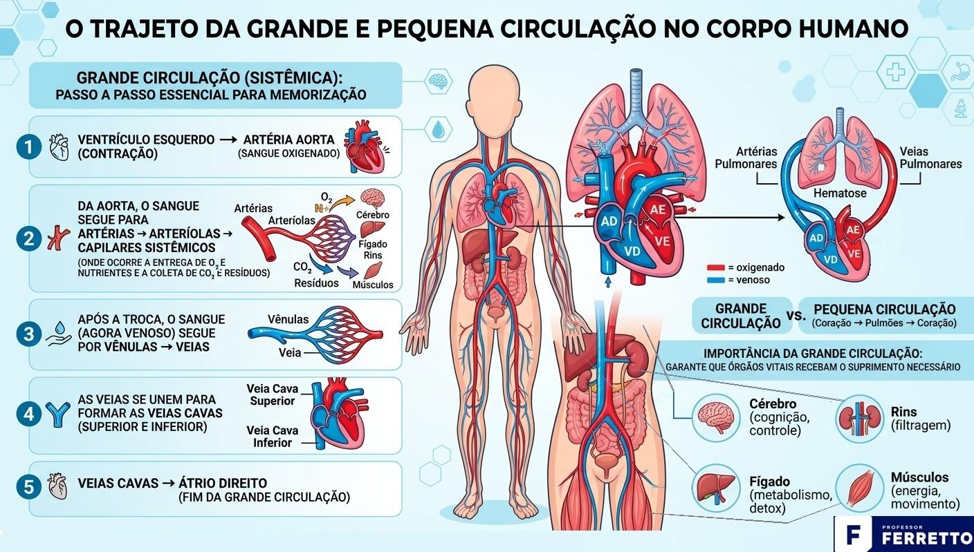 Ilustração do caminho, passo a passo, da grande circulação (sistêmica) e diferença com pequena circulação.